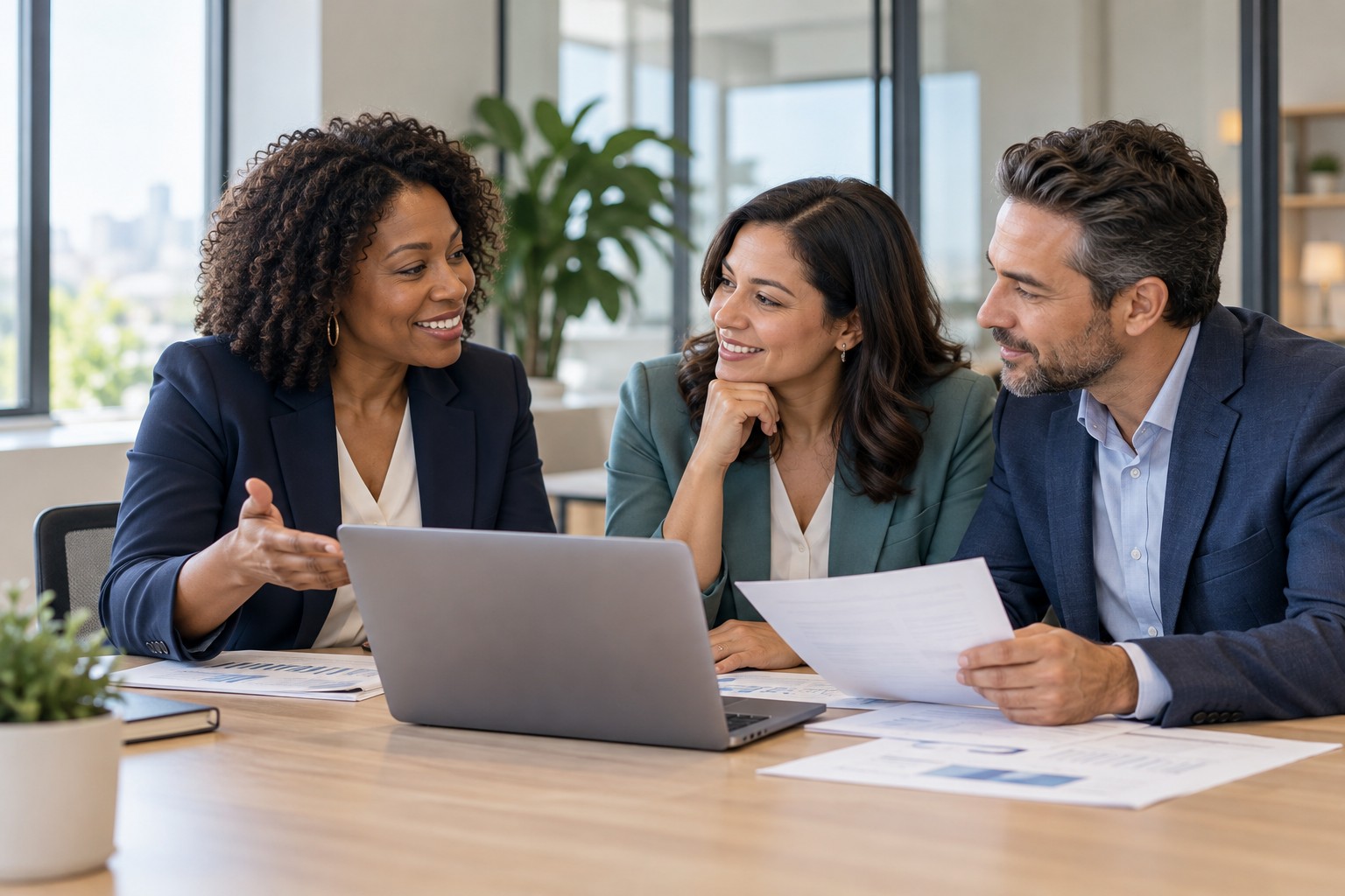 Business owners and a consultant reviewing plans for their next opportunity